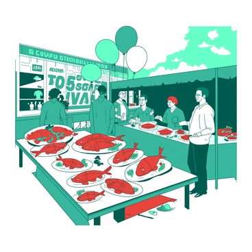 A vibrant scene of a lively festival celebrating seafood. Stalls are decorated with colorful banners and ornaments, primarily in shades of teal and white. In the foreground, there are several tables filled with various red snapper dishes artfully arranged on white platters. Some dishes are garnished with fresh herbs, while others showcase vibrant sauces. People are enjoying the festivities, with smiles on their faces as they sample the seafood. Balloons in teal and white float above the crowd, adding to the festive atmosphere.
