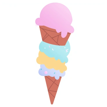 A tall tower made of colorful ice cream cones is stacked high, each cone filled with various delicious scoops of ice cream. The top cone features a large scoop of vibrant pink strawberry ice cream, dripping slightly down the sides. Below that, there are cones with pastel yellow vanilla, mint green, and soft lilac lavender scoops, each with unique toppings like colorful sprinkles and small cherries. The cones are arranged in a spiraling fashion, creating a playful and whimsical look, while a light gradient of pastel colors fills the background, enhancing the sweetness of the scene.