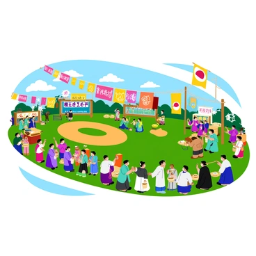 A vibrant festival scene dedicated to sumo culture is depicted. Colorful banners featuring traditional sumo imagery are strung between tall poles, fluttering in the breeze. Groups of people dressed in traditional Japanese clothing are gathered, some playing musical instruments like drums and flutes, creating a lively atmosphere. Stalls displaying various foods and crafts can be seen in the background, while a large sumo ring is set up for exhibitions. The setting is filled with the lively energy of the celebration.