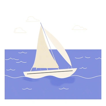 A small white sailboat with a blue sail is navigating through vast, open ocean waters. The boat is tilting slightly to one side as it catches the breeze. Surrounding the sailboat are deep blue waves, some crested with white foam. The sky above is bright with a few fluffy white clouds scattered throughout. In the distance, a faint horizon line separates the ocean from the sky.