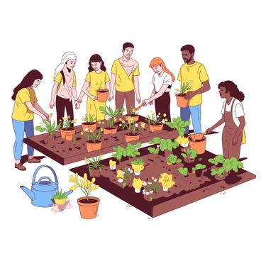 A yellow community garden is filled with neighbors collaborating to plant various flowers and vegetables. A group of people stands together, their hands busy in the soil, with some holding small orange gardening tools. Colorful flower seedlings in orange pots are arranged neatly along the garden beds. Nearby, a few leafy green vegetable plants are being placed in rows, with a blue watering can resting on the ground. Sunlight casts gentle shadows as the neighbors chat and share smiles, creating a lively and productive atmosphere.