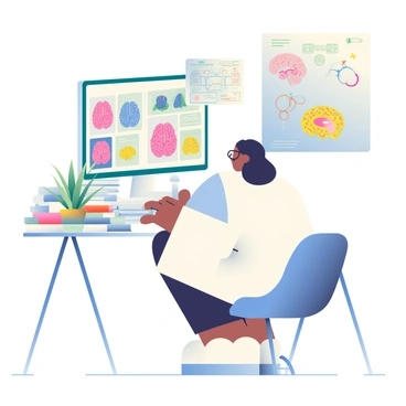 A neuroscientist with medium skin and glasses is sitting at a sleek, modern desk, intently studying brain scans displayed on a large computer screen. The neuroscientist is wearing a white lab coat over a light blue blouse. On the table in front of them, there are various brain models in different colors, alongside detailed diagrams illustrating neural pathways and brain structures. A stack of academic journals is neatly arranged to the side, and a green potted plant adds a touch of life to the workspace. The room is well-lit, enhancing the focus on the intricate details of the brain models and diagrams.