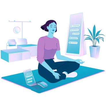 A person with medium skin tone sitting cross-legged on a modern, minimalist rug in a spacious room. They are wearing comfortable, casual clothing, with their eyes closed in an attempt to meditate. A smartphone lies on the floor next to them, lighting up with multiple notifications creating a stark contrast to their focused expression. The room has clean lines and minimal furniture, with soft ambient lighting. There are plants in the background, enhancing the atmosphere of peace, while the bright screen of the phone draws attention away from the meditative setting.