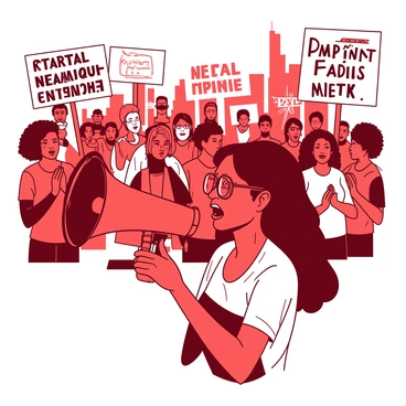A duotone illustration in red and white shows a large crowd of diverse figures standing together, each holding signs that express various opinions on a societal issue. Some signs read "Equality for All," while others say "Mental Health Matters." In the foreground, a young woman with brown hair wearing glasses is passionately speaking into a megaphone, her expression determined. Surrounding her are individuals of different ethnic backgrounds, united in their cause, with some clapping in support and others nodding in agreement. The backdrop features a city skyline, symbolizing the larger social context.