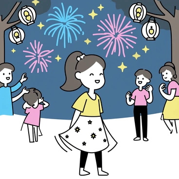 A young girl named Hermine is smiling as she stands amidst a magical festival. She is wearing a flowing dress adorned with twinkling stars. Colorful lanterns hang from trees, casting soft light around her. In the night sky above, vibrant fireworks explode in various shapes and colors. The atmosphere is lively as festival-goers are seen in the background, some holding treats while others gaze up at the fireworks.