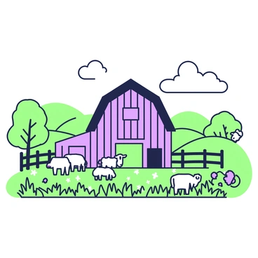 A rustic barn is framed by a wooden fence in the foreground. The barn features a weathered wooden exterior with a sloped roof. In front of the barn, a few grazing animals, including a sheep and a cow, are present on the grass. The landscape is open, with rolling hills in the background, dotted with trees and wildflowers. Fluffy clouds drift in the sky above, adding to the serene atmosphere of the countryside scene.