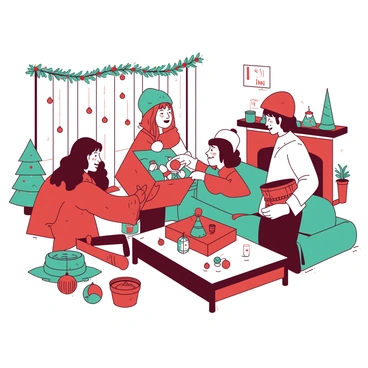 A group of four friends is gathered in a cozy living room decorated for the holidays. One friend is handing a box filled with colorful seasonal decorations to another friend, who is smiling and reaching out to accept it. The walls are adorned with a mix of red and teal ornaments, and a festive garland runs across the mantelpiece, intertwined with lights. A table nearby is covered with various decorations, including a small teal tree and red ornaments, creating a warm and inviting atmosphere. Each friend is dressed in cozy winter attire, reflecting the festive spirit of the gathering.