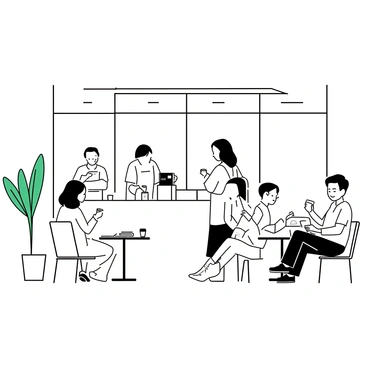A cozy cafe situated inside a bus station. Several travelers are seated at small tables, sipping coffee from white cups. Some are reading newspapers, while others are engaged in quiet conversation. A barista is standing behind the counter, preparing drinks. The interior features wooden tables and chairs, with large windows allowing light to fill the space. A green plant is in the corner, adding a touch of life to the setting.