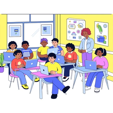 A group of children from diverse backgrounds is seated at colorful computer desks in a digital lab. Each child is focused on their laptops, with expressions of curiosity and engagement. The lab features bright walls painted in cheerful colors and large windows that let in plenty of natural light. Educational posters with illustrations of technology and computer skills are displayed on the walls. In the corner, a friendly teacher is helping one of the children with their computer. The atmosphere is lively and inviting, filled with a sense of collaboration and learning.