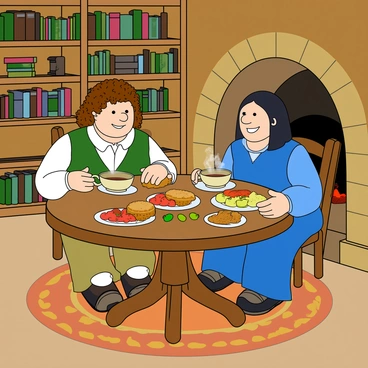 Two hobbit friends are sitting at a round wooden table inside a cozy hobbit hole. The first hobbit has curly brown hair and is wearing a green vest over a white shirt, while the second hobbit has straight black hair and is dressed in a blue tunic. They both have cheerful expressions as they sip from steaming cups of tea. The table is cluttered with an assortment of snacks, including a plate of freshly baked scones and a bowl of colorful fruits. The walls of the hobbit hole are lined with bookshelves filled with various books, and a warm glow emanates from a small fireplace in the corner. A patterned rug covers the floor, adding to the inviting atmosphere.