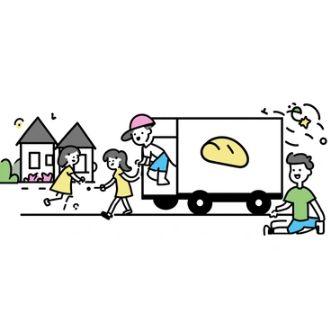 A group of three children is playing around a parked bread truck in a suburban neighborhood. One child, a boy wearing a red cap and blue shorts, is climbing on the side of the truck with a big smile. Another child, a girl with pigtails wearing a yellow dress, is skipping rope on the pavement nearby. The third child, a boy in a green t-shirt, is sitting on the grass, laughing as he throws a ball towards his friends. The bread truck is white with a large logo of a bread loaf on the side, and it is parked next to a row of small houses with colorful flower beds. Trees line the street, providing shade to the scene.