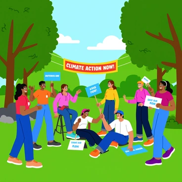A diverse group of activists gathered in a lush green park, surrounded by tall trees with vibrant leaves. Some activists hold signs with messages like "Save Our Planet" and "Act Now," while others engage in conversation passionately. The sun filters through the tree branches, creating dappled light on the ground. In the background, a colorful banner reading "Climate Action Now!" is displayed prominently. A few individuals are seated on the grass, and others are standing, all wearing casual clothing suitable for an outdoor gathering.