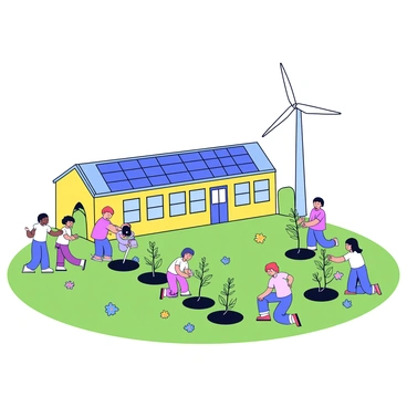 A school building with a flat roof, featuring solar panels installed across the top. Beside the school stands a tall wind turbine, its blades spinning gently in the breeze. Surrounding the school are several students, depicted kneeling and standing, actively engaged in planting young trees in the ground. Some students are holding small shovels, while others are placing the saplings into the soil. The scene is set in a green area with grass and a few colorful flowers scattered around.