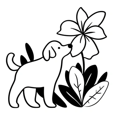 A curious dog with a fluffy coat is leaning forward, its nose close to a large flower. The flower has broad petals and intricate details, while the dog is positioned in a way that suggests it is intently sniffing the flower. The background is filled with leaves and stems, creating a sense of depth. The dog's ears are perked up, adding to its inquisitive demeanor. The scene captures the interaction between the dog and the flower, illustrating a moment of exploration in nature.