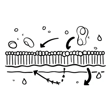An illustration depicting "ATP molecules" represented as small, oval shapes moving through a "cell membrane." The "cell membrane" is shown as a thin, wavy line separating two areas. There are arrows indicating movement towards one side, demonstrating the process of "osmosis." Surrounding these elements are small water droplets symbolizing the water molecules involved in osmosis. The overall composition highlights the dynamic movement and interaction of the ATP molecules with the membrane.