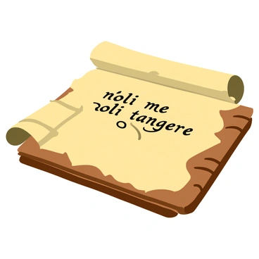 An open ancient scroll resting on a weathered wooden table. The scroll features intricate edges and a parchment-like texture. The words "noli me tangere" are beautifully inscribed in elegant calligraphy, with decorative flourishes enhancing the letters. The scroll is slightly curled at the edges, suggesting age, and the wooden table has visible grain and knots that add character to the scene. Soft light casts gentle shadows, highlighting the details of the scroll and the table.