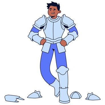 A man standing confidently while wearing a suit of armor. The armor is detailed with intricate engravings and has several pieces that are cracked and falling away. Beneath the armor, his true self is partially revealed, showing a strong physique with a determined expression. Some of the fallen pieces of armor are scattered on the ground around him. The background is simple, allowing focus on the man and the armor.