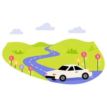 An express car driving down a winding country road with fields of flowers