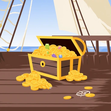 A pirate ship deck made of dark wooden planks with ropes and sails in the background. In the center, there is a large treasure chest that is overflowing with shiny gold coins, sparkling jewels, and colorful gemstones. The treasure chest is slightly open, revealing its riches spilling out. Scattered around the chest are a few gold coins and a compass. In the distance, a clear blue sky can be seen, enhancing the adventurous atmosphere of the scene.