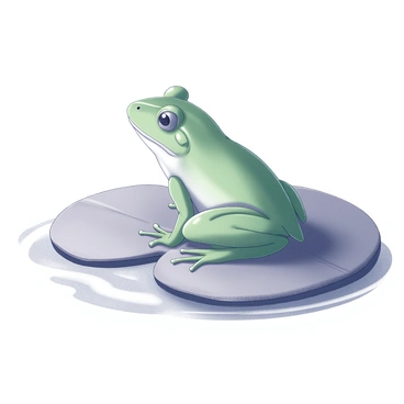 A green frog with smooth skin is perched on a large lily pad. The lily pad floats gently on the surface of a pond, surrounded by softly rippling water. The frog sits calmly, its bulging eyes focused ahead, while the lily pad displays its round shape with edges slightly curled. The scene conveys a sense of stillness, emphasizing the frog's serene posture in its natural habitat.