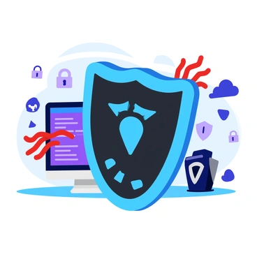 A sleek digital shield with a high-tech design, featuring a glossy surface and glowing blue accents. The shield stands prominently in front of a modern computer, which has a bright screen displaying a series of code and security symbols. Surrounding the shield are various abstract representations of cyber threats, such as ominous shadows and chaotic red lines attempting to breach the shield. The overall composition conveys a sense of strong defense and protection in the face of digital dangers.