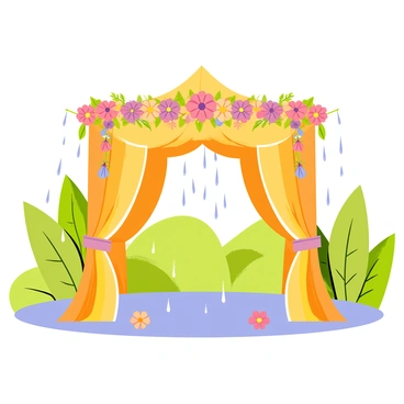 A mandap featuring intricate floral decorations in vibrant colors is set up in a lush green garden. The mandap has elegant drapes in shades of yellow and orange, contrasting with the verdant surroundings. Light rain creates a gentle shimmer as droplets glisten on the decorations and the leaves of nearby plants. Soft, silver threads hang from the mandap, catching the water droplets and adding a magical touch to the scene. The ground is slightly wet, reflecting the beauty of the mandap and the garden. Small puddles are formed, with flowers floating gently on the surface.