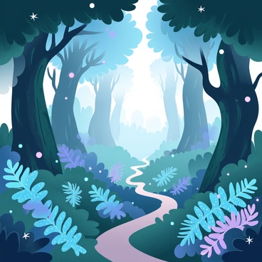 A dense forest is filled with vibrant, glowing ferns that illuminate the surroundings with soft light. The ferns are lush and varied in size, with intricate patterns on their leaves. Tall trees surround the ferns, their trunks covered in rich green moss. Dappled light filters through the tree canopy, creating a mix of shadows and glowing spots on the forest floor. Small, sparkling orbs float gently among the ferns, adding to the enchanting atmosphere. A winding, narrow path leads deeper into the forest, inviting exploration.