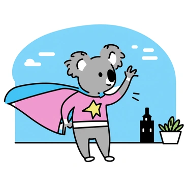 A koala with gray fur is dressed in a bright red superhero costume, complete with a blue cape flowing behind it. The koala is standing on a rooftop, one paw raised in a heroic pose, looking out over the city. In the background, there are silhouettes of tall buildings against a clear blue sky. The rooftop is adorned with a few potted plants, adding a touch of greenery to the urban setting.