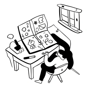 A person sitting at a wooden table, focused on a notebook filled with various abstract shapes and patterns. The individual is holding a pen, creating intricate designs on the open page. Swirling lines, zigzags, and geometric figures emerge from the pen as the person appears lost in thought. Scattered pens and markers lay around the notebook, while light coming from a nearby window casts gentle shadows over the table.