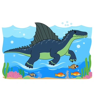 A large spinosaurus with a long crocodilian body and a tall sail along its back is swimming through a vibrant ancient ocean. Its skin is a mix of dark blue and green shades, with lighter patterns that mimic the sea. The spinosaurus is propelling itself through the water with its powerful limbs, creating gentle waves around it. Nearby, a school of colorful fish with bright scales is swimming in harmony, their bodies shimmering in the sunlight filtering down from above. Coral formations and underwater plants sway softly in the currents, adding life to the scene. Bubbles rise from the spinosaurus as it glides through the water, emphasizing the movement and the deep blue of the ancient ocean.