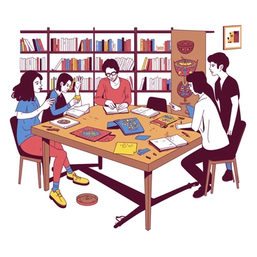 A group of students is gathered around a large wooden table, examining various artifacts and artworks from different cultures. On the table, there are colorful textiles, traditional masks, and art materials strewn about. Each student is engaged in discussion, pointing at the artifacts while taking notes in their sketchbooks. One student is sketching a vibrant pattern inspired by a textile, while another observes a traditional mask with curiosity. In the background, shelves are lined with books about art history and cultural practices, creating an environment rich in inspiration and creativity.