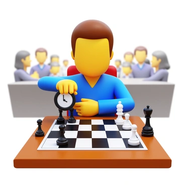 A chess player with focused expression pressing a tournament chess clock. The player is sitting at a wooden chess table, with a classic chess set displayed, featuring black and white pieces in mid-game. The player's hand is on the clock, and the other hand is poised above a chess piece. The background shows a blurred chess tournament setting with spectators watching intently.