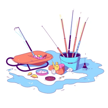 A set of various colorful ice fishing gear is neatly arranged on a flat expanse of white ice. There are multiple fishing rods, each in bright shades of orange and blue, standing upright in their holders. Nearby, a bright blue bucket is filled with an assortment of bait, including vibrant yellow and pink lures. In the foreground, a colorful orange sled is positioned, ready to carry the gear. Scattered around are small, colorful containers filled with various fishing supplies, all set against the glistening white surface of the ice.