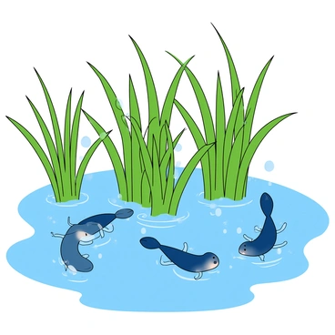A group of small, round tadpoles with long, thin tails are swimming playfully in a clear pond. Some tadpoles are hiding behind vibrant green water plants with long, slender leaves that sway gently in the water. A few tadpoles peek out from behind the plants, while others dart in and out, creating a sense of movement and excitement. The water is bright blue, and the sunlight filters through, casting shimmering reflections on the pond's surface. Bubbles rise from the tadpoles as they play and explore their surroundings.