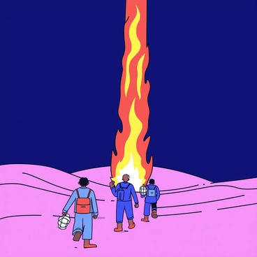 A tall pillar of fire in the night sky guiding a group of travelers through the desert