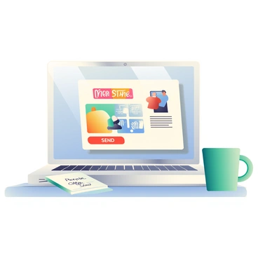 A laptop with a silver body is open on a wooden desk. The screen displays an illustrated email campaign design featuring a vibrant layout. The email includes colorful headers and images of products with accompanying text in various fonts. A red "Send" button is prominently displayed at the bottom of the screen. Nearby, there is a notepad with handwritten notes and a green coffee mug. The scene is well-lit, highlighting the details on the laptop's screen.