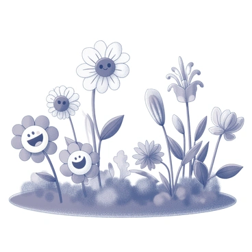 A garden scene featuring a variety of flowers and plants. On one side of the garden, there are several cartoon-style flowers with exaggerated features, such as large smiling faces and vibrant, whimsical shapes. On the opposite side, there are illustrated plants with intricate details, showcasing their leaves and stems in a more realistic manner. The composition displays a clear division between the playful cartoon flowers and the detailed illustrated plants, creating a contrasting yet harmonious garden atmosphere.