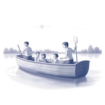 An old wooden boat with a weathered finish floats gently on a calm body of water. Inside the boat, a family of four is positioned, with two adults and two children. The adult in the back is paddling with a long oar, while the other adult helps steer the boat. The children are sitting in the middle, laughing and playing with small splashes of water. The sun shines brightly above, casting shadows across the boat and water, and there are gentle ripples extending outward from the boat's movement. Surrounding the scene, soft outlines of trees and foliage are visible along the shoreline.
