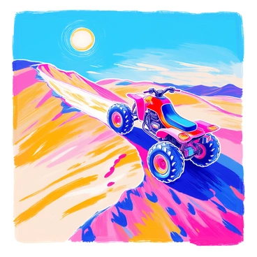An ATV with large, rugged tires is climbing a steep sand dune. The bright sun is positioned high in the sky, casting sharp shadows on the golden sand. The dune has ripples and patterns formed by the wind. In the background, there are more dunes stretching into the distance, and a clear blue sky above. The ATV's engine is kicking up sand as it ascends the incline.