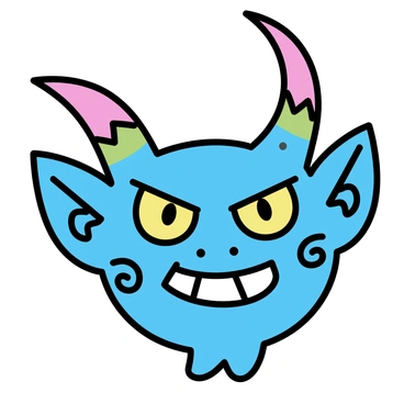 A close-up portrait of an oni with a fierce expression. The oni has vibrant, colorful horns protruding from its forehead, showing shades of red, blue, and green. Its skin is a deep shade of blue, contrasting with its bright, yellow eyes that have an intense gaze. The oni sports a mischievous grin, revealing sharp teeth. Intricate tattoos cover parts of its face, enhancing its sinister appearance. The background is simple, focusing attention on the oni's facial features and expressions.