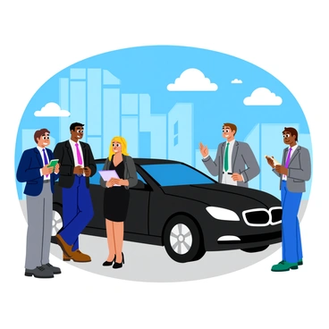 A group of four business people standing beside a shiny black BMW parked outside a modern glass building. Two men, one wearing a dark blue suit and the other dressed in a light gray suit, are engaged in a conversation. A woman in a chic black dress is holding a tablet, while another woman in a professional blazer is taking notes. The glass building reflects the sunlight, creating a bright and vibrant atmosphere. The background features a clear blue sky and a few fluffy white clouds. The group appears focused and animated as they exchange ideas.