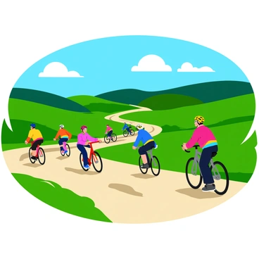 A group of bicyclists wearing colorful helmets and jerseys is racing on a rugged gravel road. The cyclists are in various dynamic poses, showcasing their determination as they navigate the uneven terrain. Lush green fields and rolling hills surround the road, creating a vibrant rural landscape. In the background, a clear blue sky with a few fluffy white clouds adds to the atmosphere of the scene. Some bicycles have bright colors like red and blue, while others are sleek and aerodynamic. Dust is kicked up from the gravel as the riders push forward.