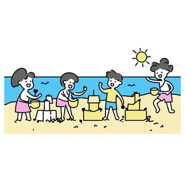 A group of five emotion characters, each with distinct facial expressions, are building sandcastles on a sandy beach. The characters include a joyful character with a big smile, a surprised character with wide eyes, a playful character laughing, a thoughtful character observing the construction, and an excited character jumping with hands raised. The ocean waves gently lap at the shore in the background. The sun is shining brightly in a clear blue sky, casting soft shadows on the sand. Each character is interacting with colorful buckets and shovels, creating intricate sandcastles adorned with seashells and seaweed.
