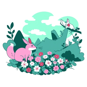 A teal fox with oversized ears is playfully interacting with a pink rabbit that has fluffy fur. Nearby, a small white squirrel is perched on a branch, holding an acorn in its tiny paws. In the center of the scene, a vibrant array of wildflowers in various hues fills the clearing, creating a colorful backdrop. A gentle breeze causes the flowers to sway slightly, adding a sense of movement to the gathering. The sun filters through the leaves above, casting dappled light across the forest floor.