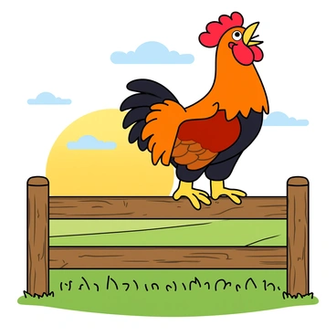A proud rooster crowing at sunrise from a wooden fence