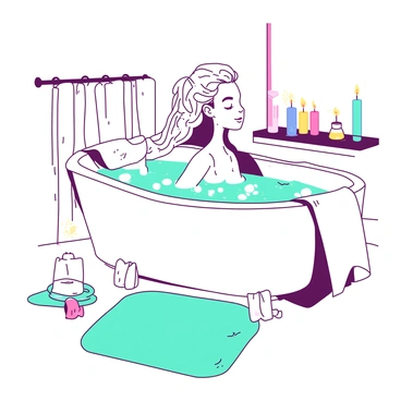 A girl with long, flowing hair is sitting in a white bathtub filled with bubbles. She has a serene expression on her face as she enjoys the warm bath. The bathroom is cozy, with a soft teal rug on the floor and fluffy white towels neatly arranged on a rack. Surrounding the bathtub, there are several flickering candles, casting a soft glow around the room. A small shelf nearby holds a few colorful bath products, adding to the tranquil atmosphere.