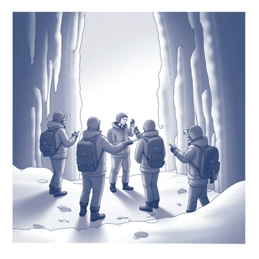 A group of explorers wearing heavy winter gear is entering an ice cave. The cave features high walls with intricate formations of ice, creating a dramatic atmosphere. The explorers are equipped with headlamps that illuminate the icy textures surrounding them. Some of the explorers are taking photographs, while others are pointing in awe at the shimmering ice formations. The floor of the cave is uneven and covered with patches of ice and snow. The explorers are gathered closely together, creating a sense of teamwork and adventure.