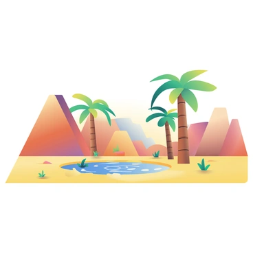 A blocky desert landscape extends into the scene, characterized by angular shapes and a palette of warm browns and yellows. In the center, a tranquil oasis is visible, featuring a small pond with shimmering blue water reflecting the sky above. Surrounding the pond are several tall palm trees with green fronds swaying gently. The sand around the oasis has a golden hue, dotted with patches of small, vibrant green plants. The overall scene conveys a sense of serenity and natural beauty.