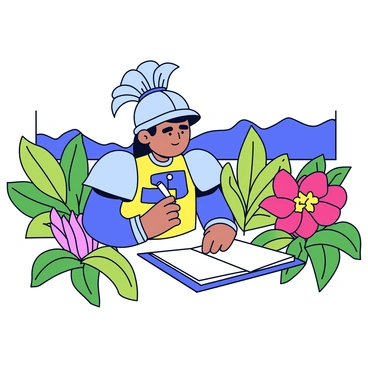 A conquistador wearing a traditional 16th-century armor with a plumed helmet. He has a quill in one hand, poised to draw, and a sketchbook open in front of him. Surrounding him are various exotic plants, with vibrant green leaves and colorful flowers. The conquistador is focused on a large, bright red flower, capturing its details in his sketchbook. In the background, there are distant hills and a clear blue sky.