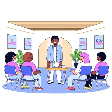 A friendly counselor stands at the front of a cozy local church hall. The counselor is wearing a light blue shirt and is smiling warmly at the group of seated participants. The hall has soft lighting and wooden beams on the ceiling, creating a welcoming atmosphere. Folding chairs are arranged in a semicircle, with a small table beside the counselor holding a pitcher of water and glasses. On the walls, there are colorful banners that promote community support. A few plants in pots are placed around the room, adding to the inviting environment.